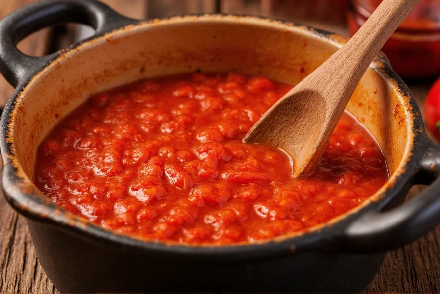 Close-up of vibrant red chili sauce simmering in small ceramic saucepan with wooden spoon