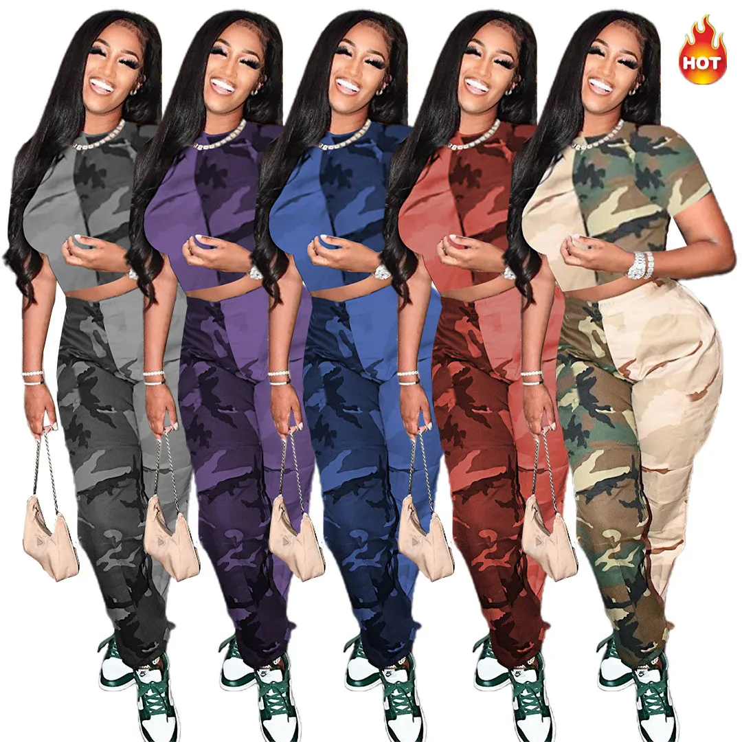 

Camouflage Printed 2 Piece Pants Set Women Crop Tops With Joggers Pants Two Piece Outfits Women Clothing, Picture