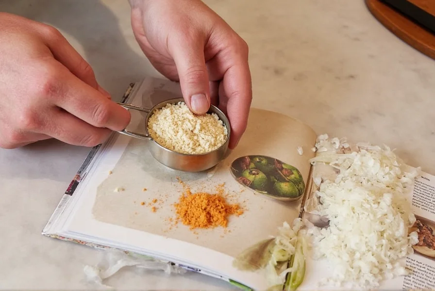 Chef's hand measuring onion powder substitute options in small bowls with recipe book open