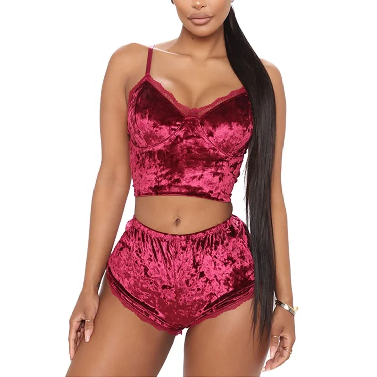 

9054 Hot Sale Sexy Sling V Neck Lace Short Sleepwear 2pc Velvet Pajama Sets Women, 3 colors: red, black, pink