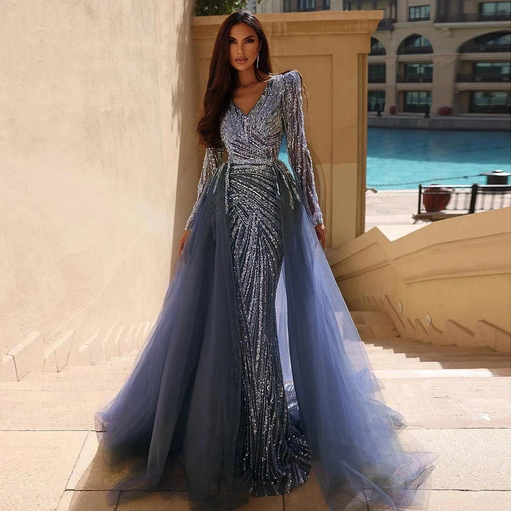 

Luxury Dubai Blue Mermaid Muslim Evening Dresses With Detachable Skirt Sage Green Lilac Women Wedding Party Sz432