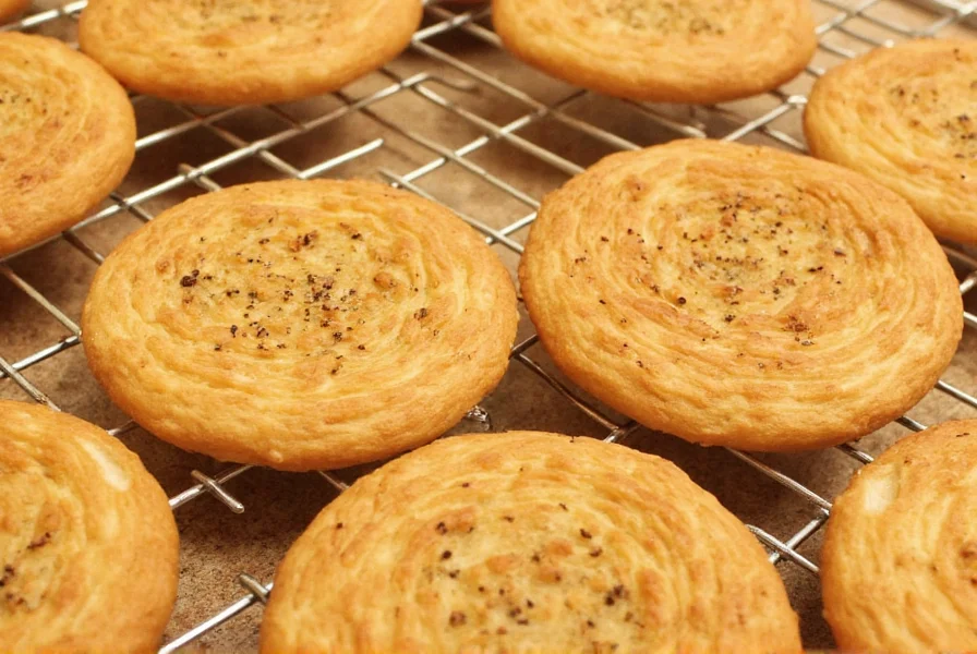 Close-up of golden brown pizzelles with anise seeds visible on textured surface, arranged on a wire cooling rack
