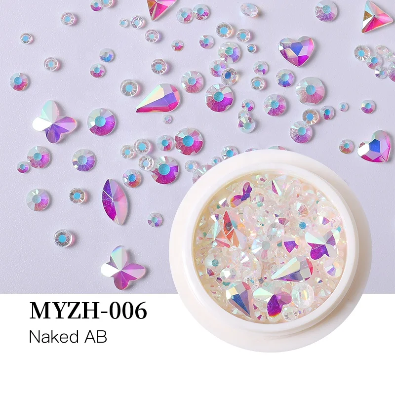 

MYZH-006 3d Nail Art Decorations Jewels Transparent AB Multi-shape Mixed Size Nail Art Crystal Strass Accessories Rhinestones AB, As the list