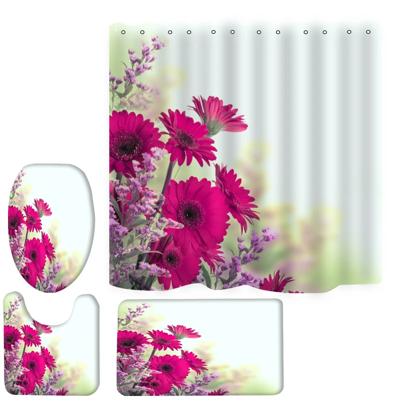 

180x180cm customizable partition bathtub shower curtain bathroom non-slip red flower mat four-piece toilet set, Picture