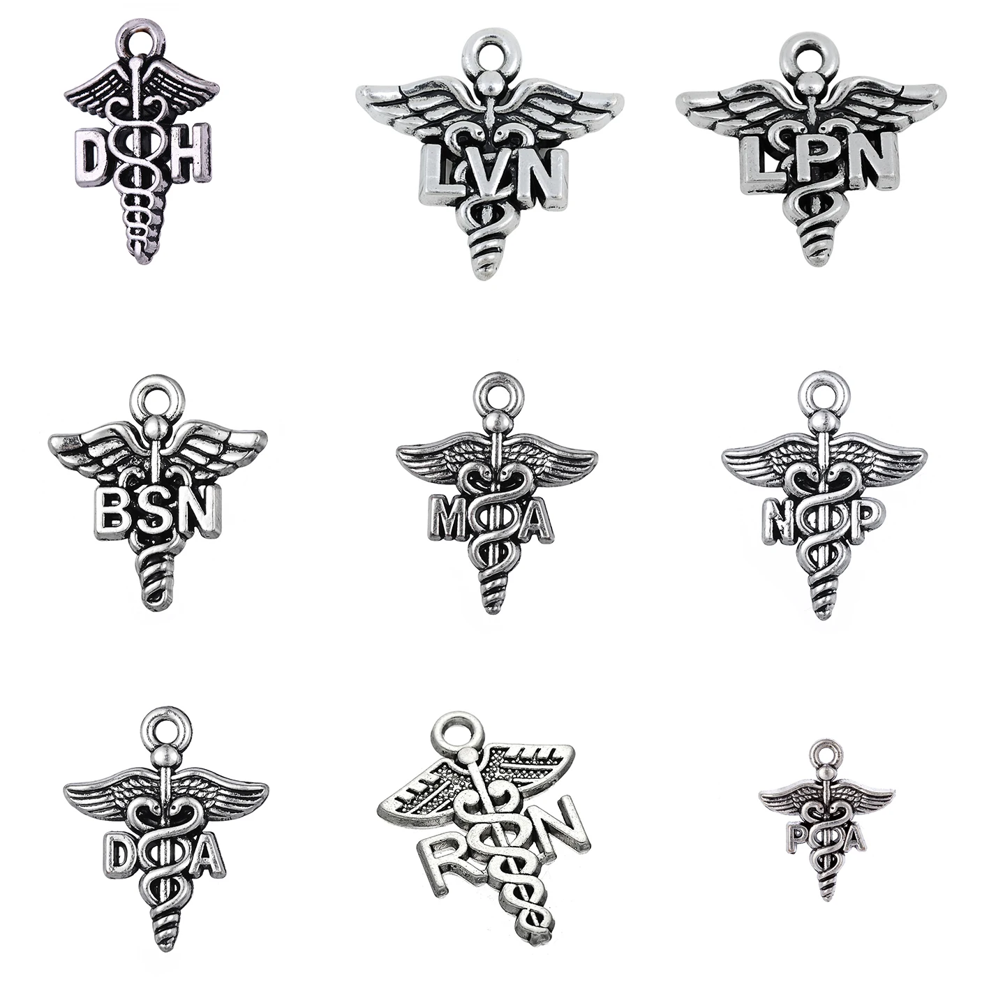 

Mixed 90pcs Antique Silver Plated Medical Caduceus Np Da Ma Np Pa Rn Bsn Dh Lvn Nurse Doctor Themed Collection Charms