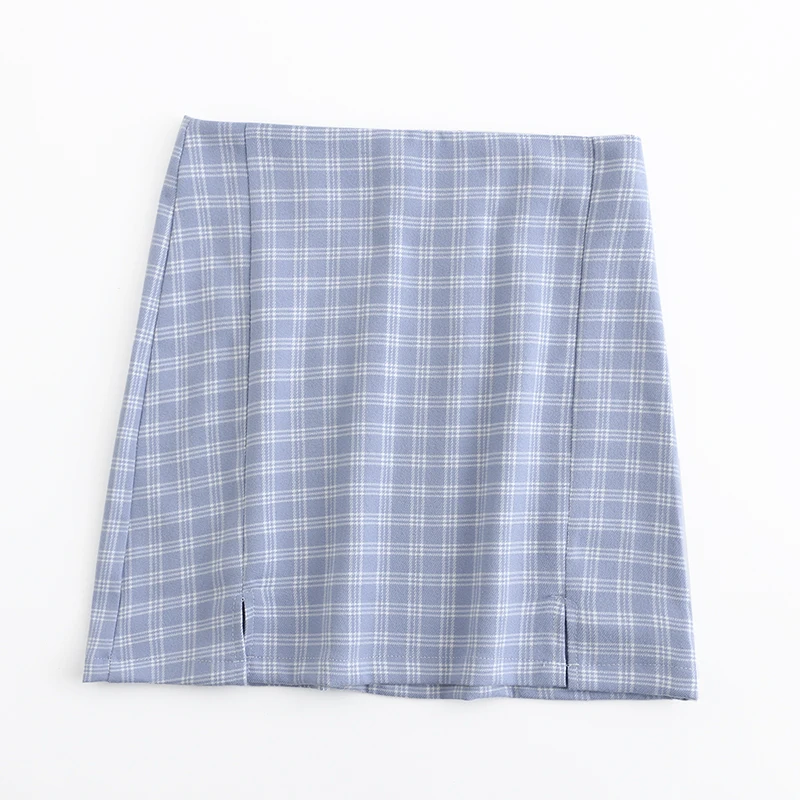 

Light blue plaid color with split ladies fashion summer short mini skirt, Floral