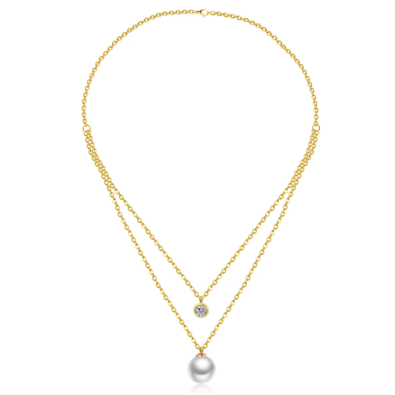 

Classic Jewelry Stainless Steel Natural Pearl Double Chain Girl Party Pendant Necklace