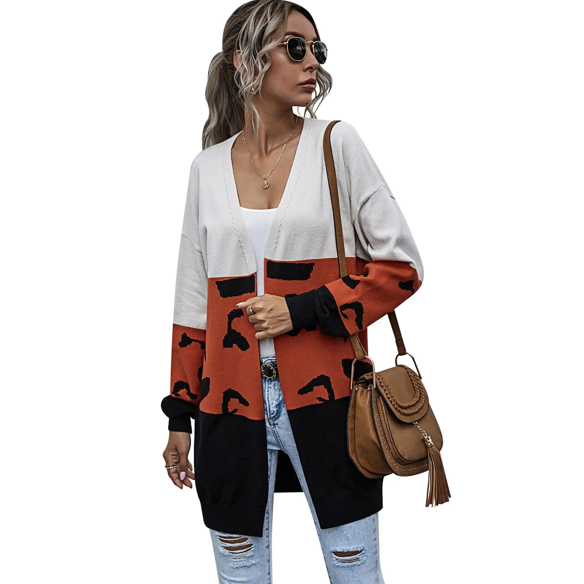

New Contrast Color Knit Casual Mid-length Leopard Splicing Sweater Cardigan