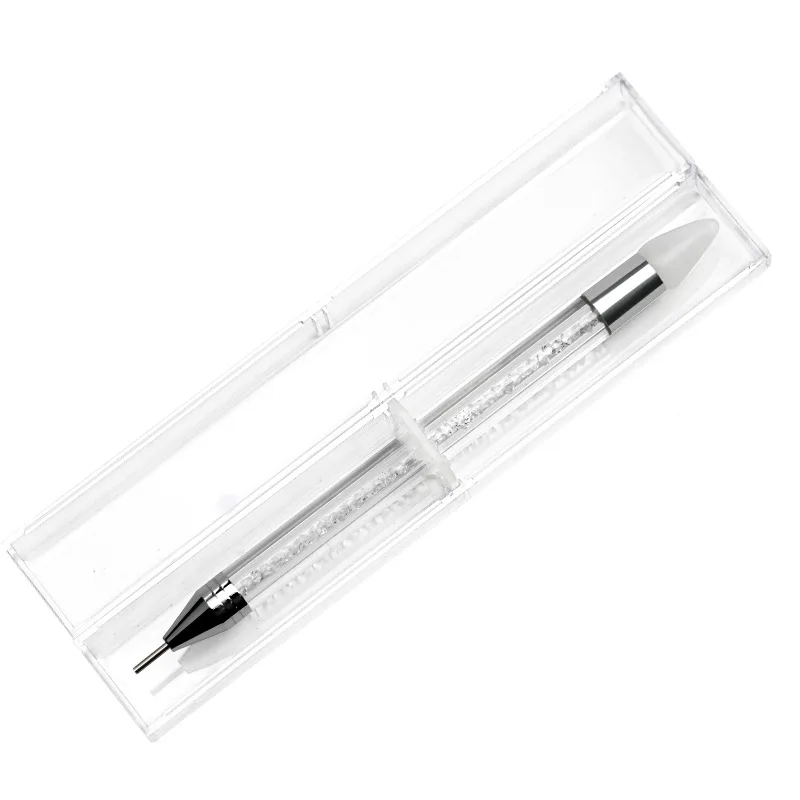 

Hot Sale Wholesale Supply Nail Art Gem Crystal Pick Up Silicon Dotting Tool Two Way Brush, White