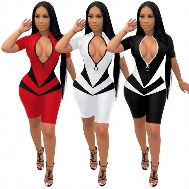 

MISSMOEN Women Clothing Fashion Short Sleeve Zipper Open Sports Wear Summer Casual Contrast Color Bodycon Jumpsuits