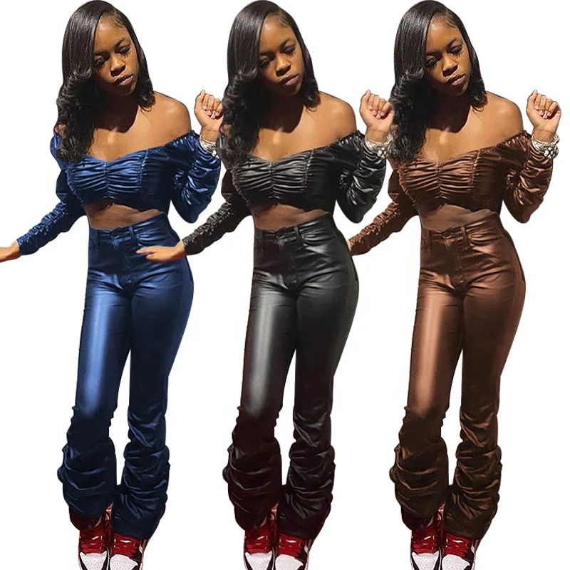 

Crop Top and Stacked PU Leather Two Piece Pants Set 2020 Women Crop Top and Stacked Flare Leather Pants