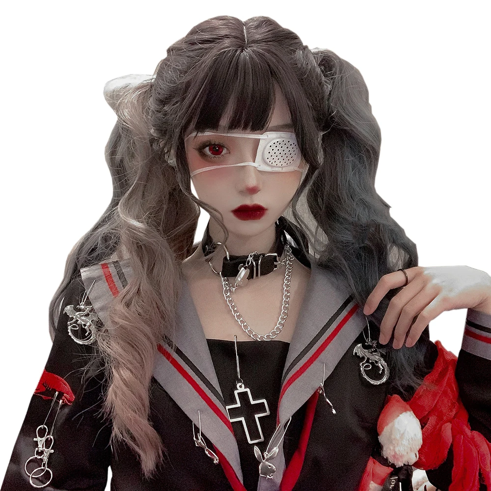

Brown Thin Powder Haze Blue Gradient Long Curly Hair Cute Harajuku Princess High Temperature Silk Cosplay Party Wig, Pic showed
