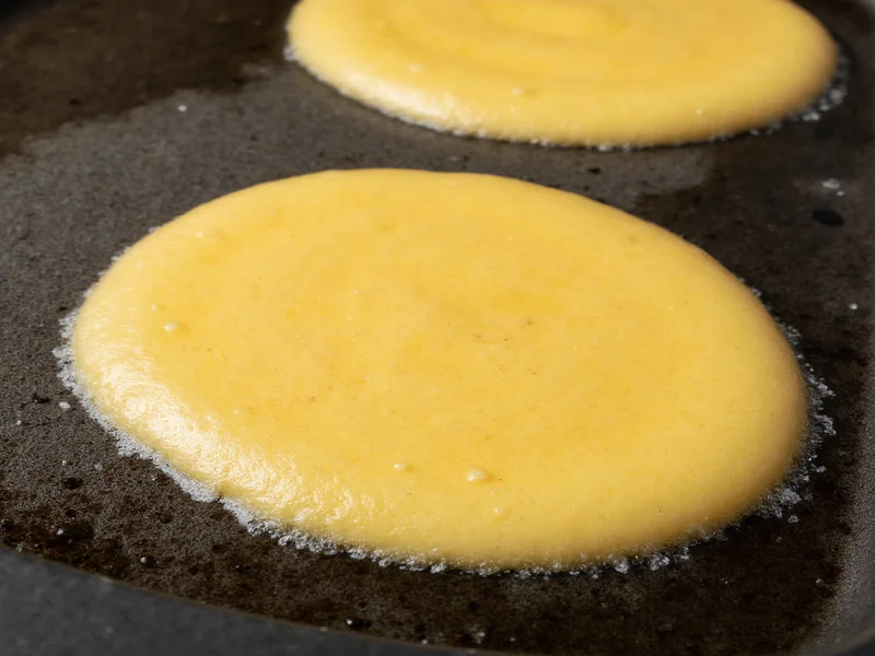 Close-up of egg-free pancake batter bubbling on griddle