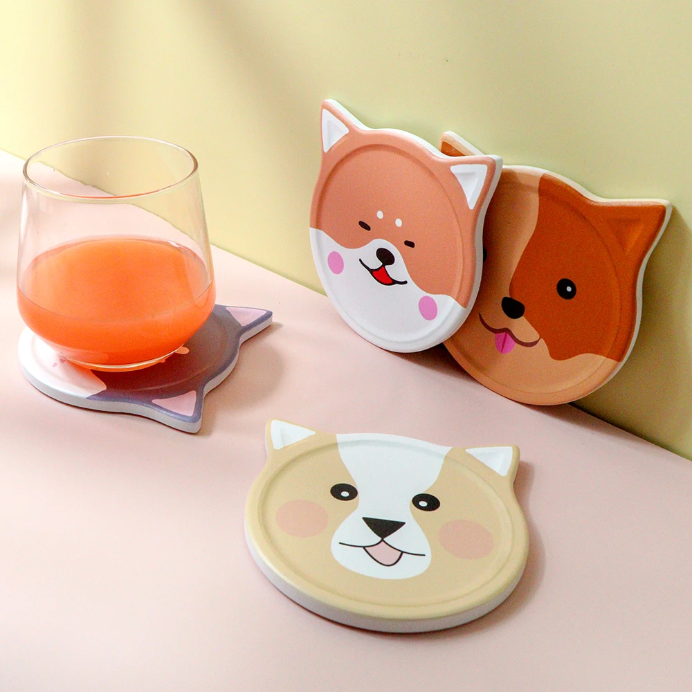 

Free sample OEM kitchen table desk slate Stone cat shape tea coffee beer water absorbent ceramic cup coaster cup mat for drinks
