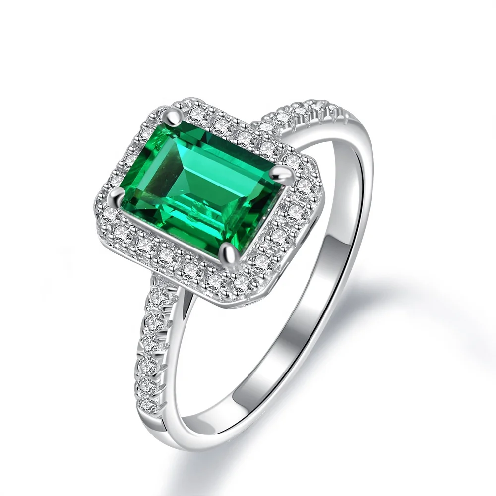 

925 Sterling Silver Rhodium Bridal Engagement Jewelry Simulation Emerald Halo Ring