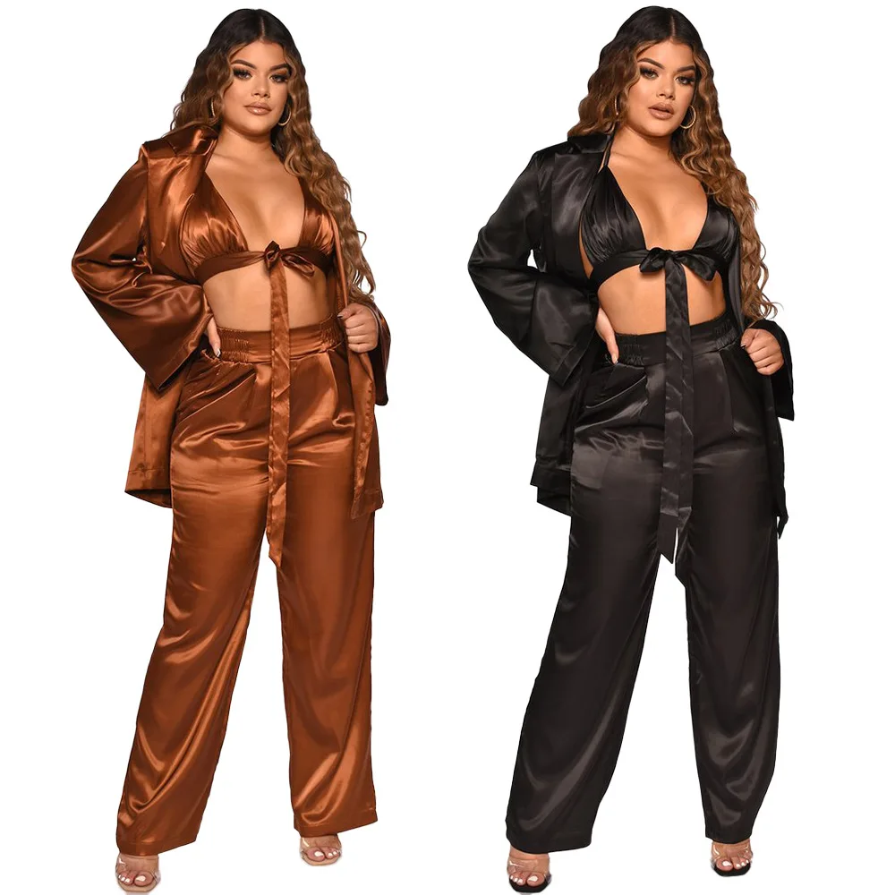

2022 spring new design luxury high quality red satin silk women Valentine's Day 3 three piece pants set pajamas sexy sleepwear, Customized color