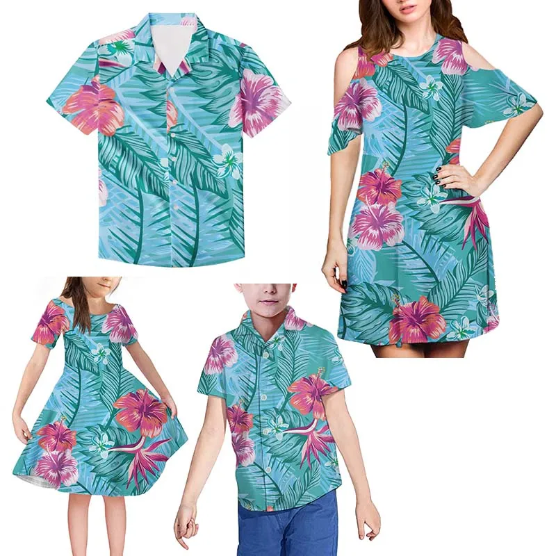 

Blue Floral Print 4pcs Family Matching Outfits Clothes Mother Dress Matching Boy Shirt Daughter Clothes 5xl Men Hawaiian Shirt, Customized colors