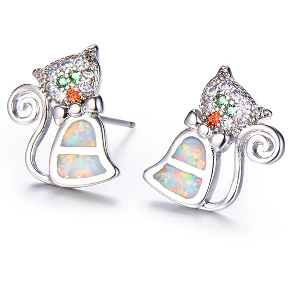 

Solid 925 Silver White Fire Opal Cat Stud Earrings Handmade Opal Jewelry