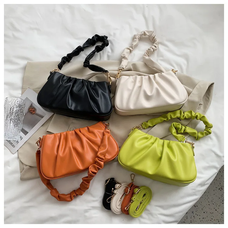 

Folds Designer soft PU Leather crossbody handbags 2021 Simple Ladies Brand Chain Trend Underarm 2 Shoulder flat college purse, 4 colors