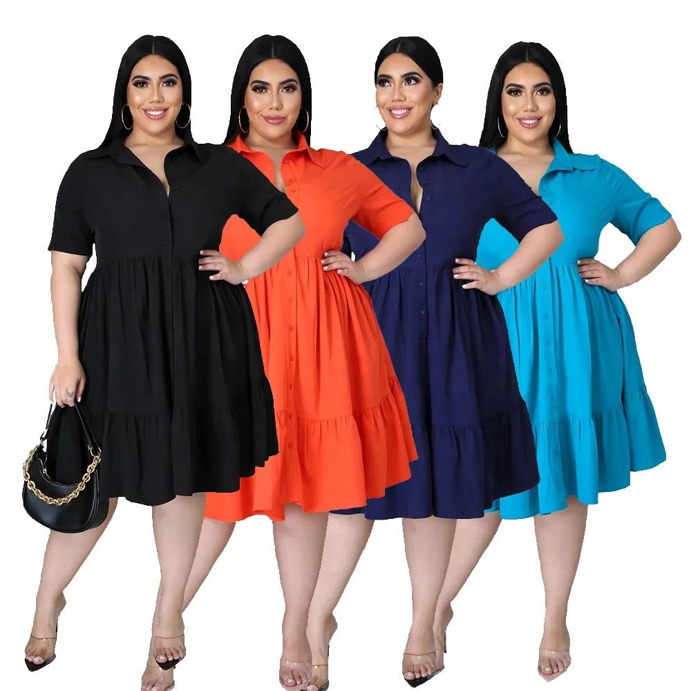 

MT310-068 Plus Size L-5XL Girls Shirt Vacation Dress Woman New Dress Short Sleeve Lady Solid Color Flowy Summer Dress
