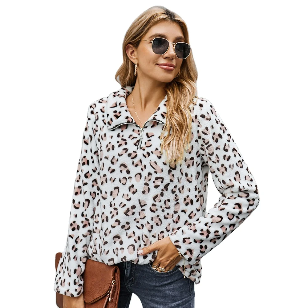 

Ladies Autumn and Winter Thicken Loose Lapel Leopard Print Cardigan Jacket Zipper Neckline Long Sleeve Top