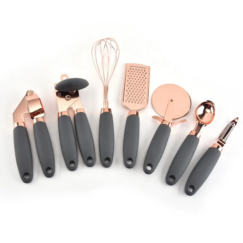 

Newest rose gold kitchen accessories tool 7 piece set kitchen gadget set copper coated rose gold stainless steel utensils, Gray,mint and pink