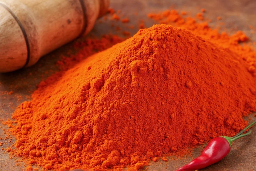 Chef's hand sprinkling cayenne pepper powder into a sizzling skillet with vegetables