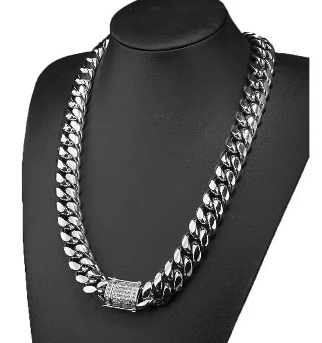 

Hot Sale Silver 8mm 10mm Men's Silver Plated Stainless Steel Hip Hop Cuban Curb Chain Necklace Solid Miami Cuban Chain Necklace