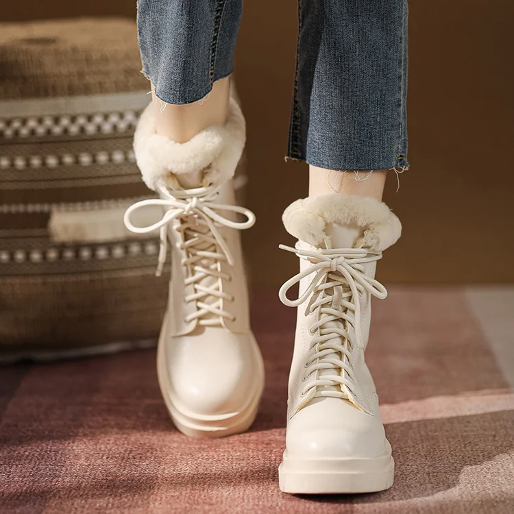 

women's winter 2022 warm cotton shoes thickened women's shoes casual British Martin short boot plus velvet snow boots, Brown,white