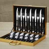 

Amazon hotsale wooden box packing Stainless steel tableware set serve for 6 people ,mirror polished 24pcs flatware set