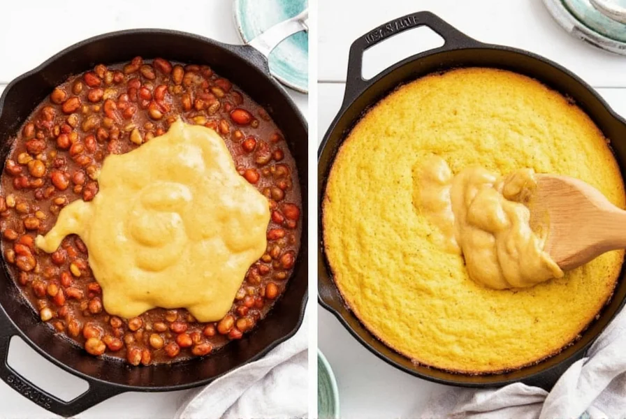 Step-by-step preparation of chili cornbread casserole showing chili layer in cast iron skillet with cornbread batter being poured on top
