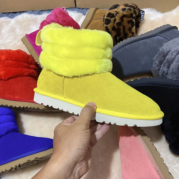 

Wholesale classic plush sheepskin lightweight flexible soft sole mini fluff quilted women's boots, Yellow, red, blue, black, khaki, gray, pink, peach