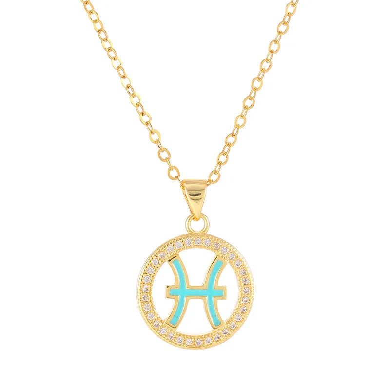 

NZ1089 Popular Dainty Enamel Mini Gold Plated CZ Micro Pave Horoscopes Zodiac Charm Necklace for women girls