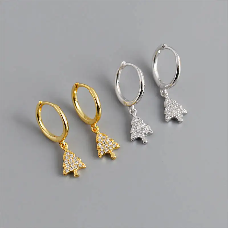 

Minimalist 925 solid silver jewelry daily wear christmas tree zircon exquisite workmanship hoop earrings female