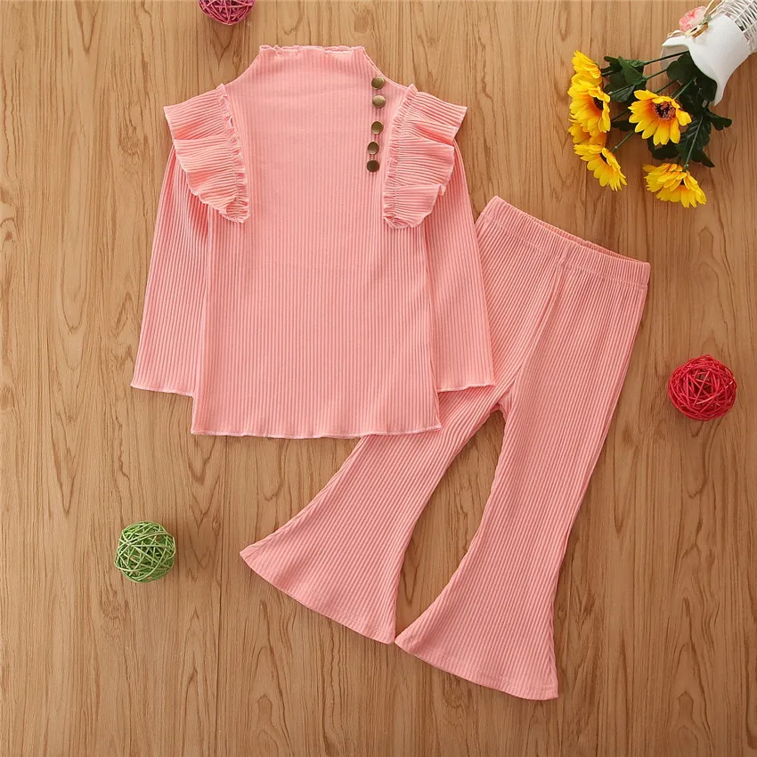 

B54271A Kids clothing set fashion pure color little girls casual flare pants set, Pink/green