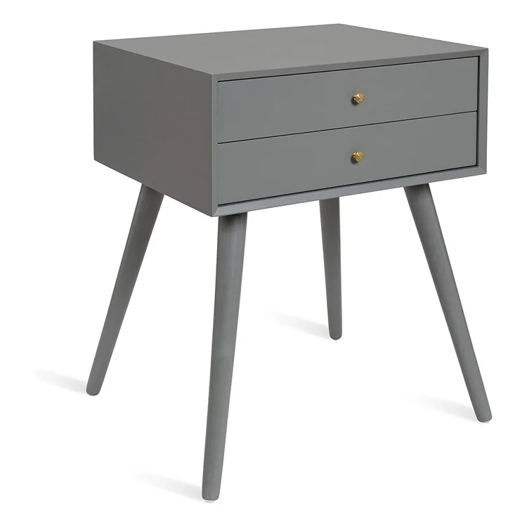 Gray Finish Midcentury Modern Style Side Table with 2 Drawers