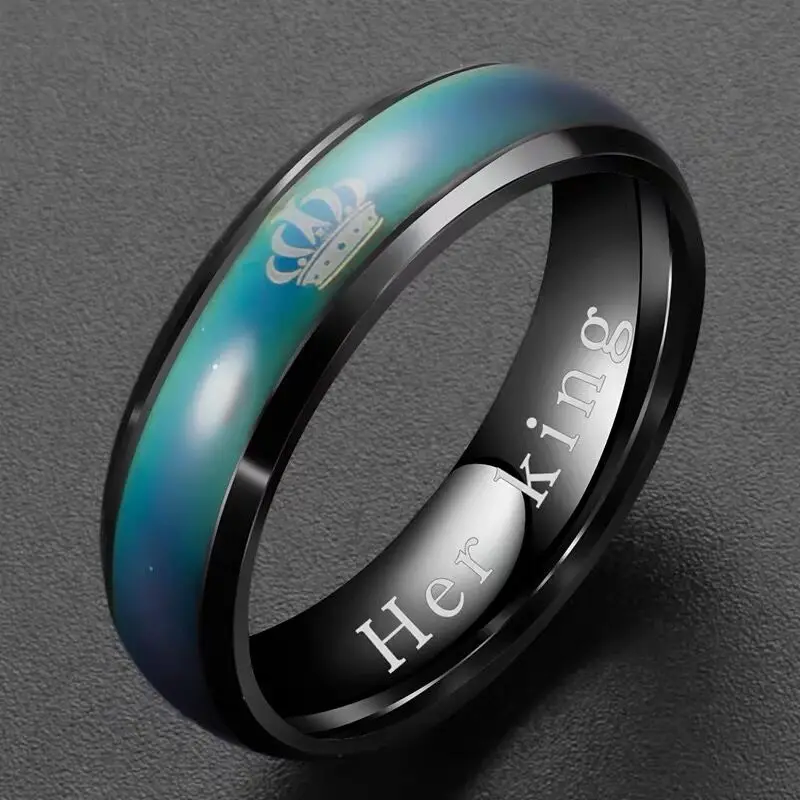 

Custom Her King His Queen Men'S And Women'S Crown Titanium Steel Temperature Sensitive Mood Color Changing Couple Ring, Picture shows
