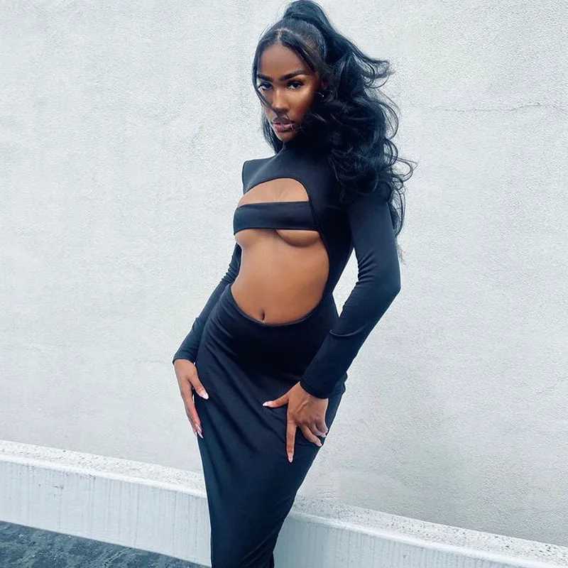

Sexy Style Black Open Front Slim Dress Women Padded Shoulder Crop Top Dresses Long Sleeve