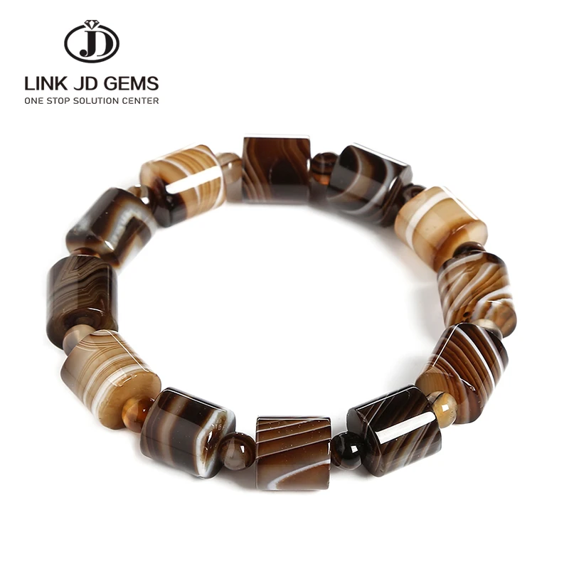 

JD Genuine 12mm Natural Coffee Lace Agate Bracelets Men Handmade Tibetan Buddha Hand String Barrel Rosary Prayer Beads Bangles