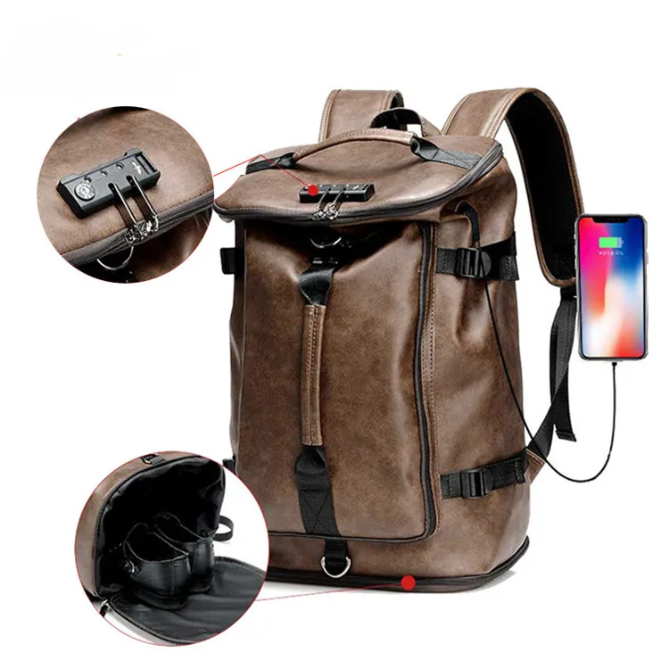 

PU Leather Men's USB Backpack Climbing Rucksack Large Capacity Anti-theft Shoulder Handbag Travel Bag for men Sport