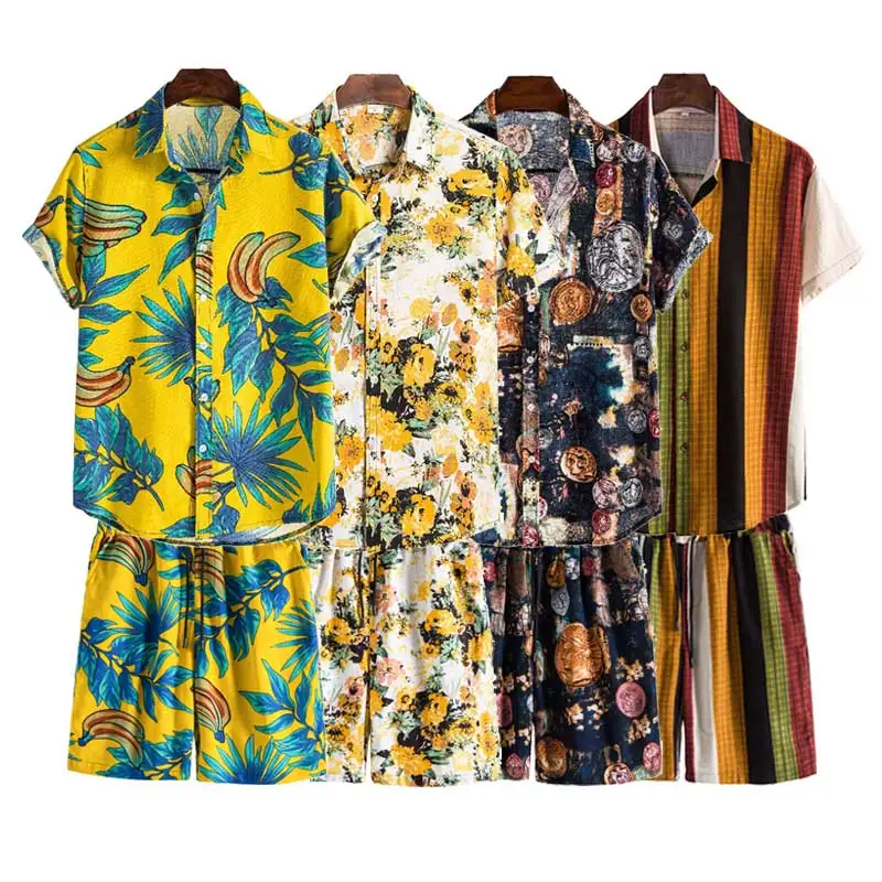 

wholesale hot sales hawaiian short sleeve printed beach mens shirts and shorts set