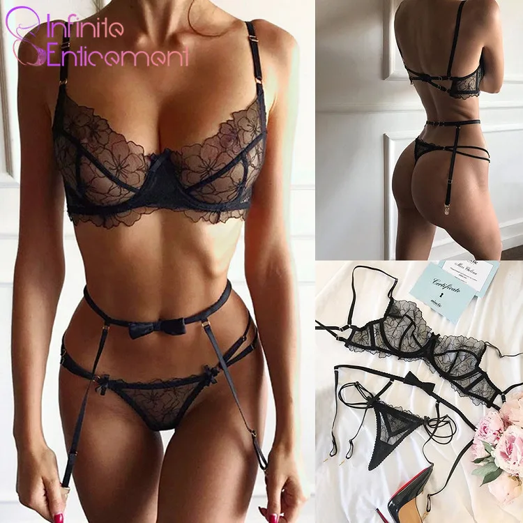 

YL-002 New Design Erotic Sexy Photos Girls Chemise Hollow Out Bra Panty Set Lace Lingerie for Women, As photo