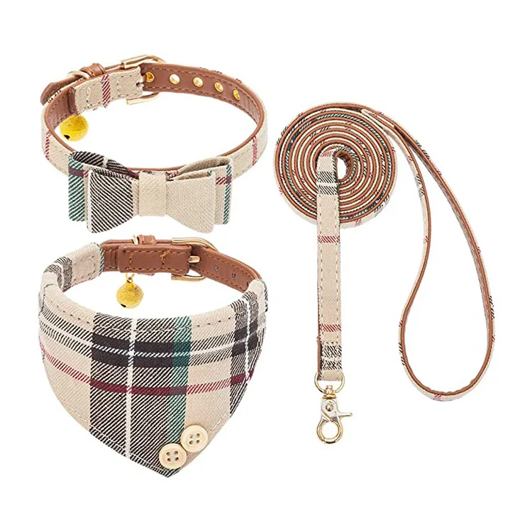 

AZB418 Bow Tie Dog Collar and Leash Set Classic Plaid Adjustable Dogs Bandana for Dog Puppies Pet Running Walking Hiking