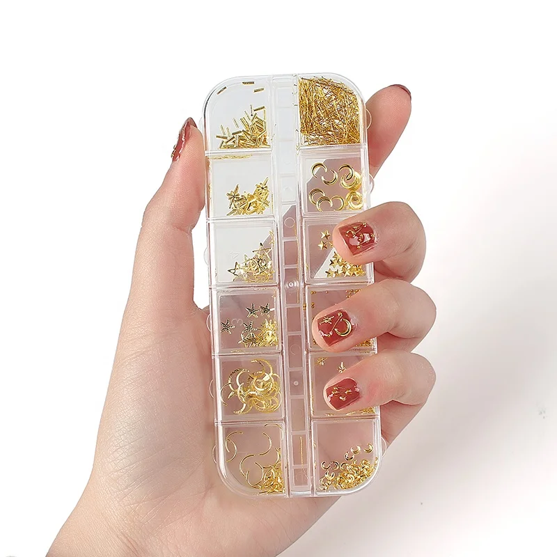 

Lidan 12 Grid Box Mixed Fashion Nail Art Accessories Metal Hollow Nail Patch Various Shapes Of Rivets, Shown