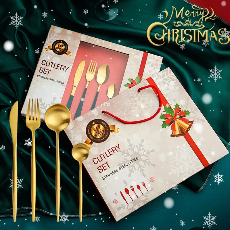 

Nordic colorful portuguese christmas 24pcs cutlery set stainless steel 16 pieces spoon fork sets in gift boxes for decorations, Silver / gold / rose gold / rainbow / black / champagne / various