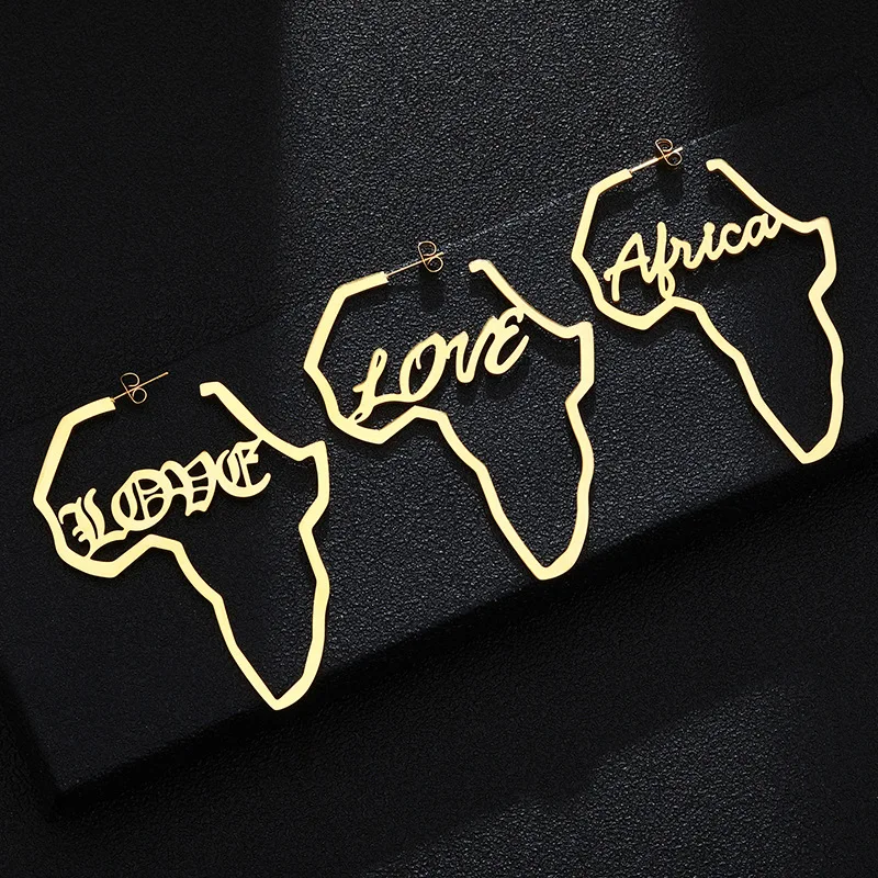 

High Quality 18k Gold Africa Map Earrings Jewelry Custom Stainless Steel Love Word Earring For Women