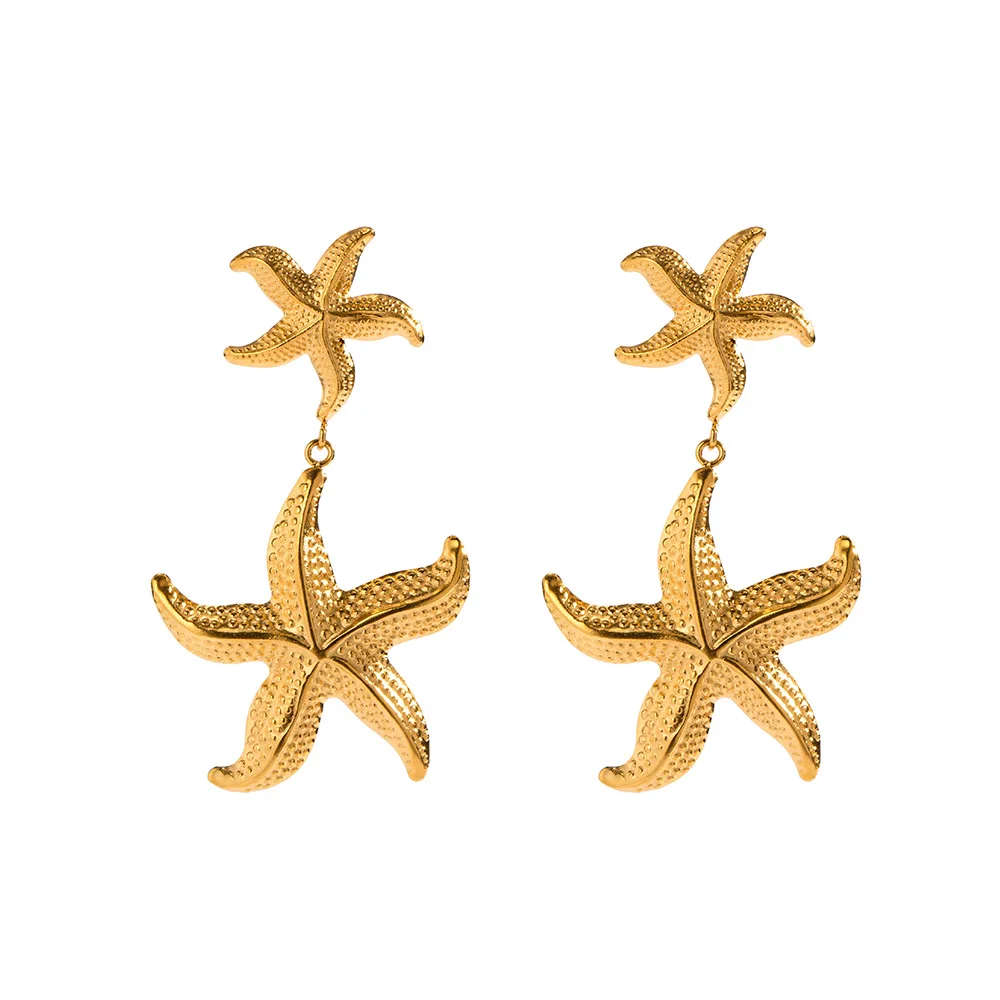 

Double Sea Star Pendant Earring 18K PVD Gold Plated Stainless Steel Gorgeous Summer Beach Starfish Earring For Women