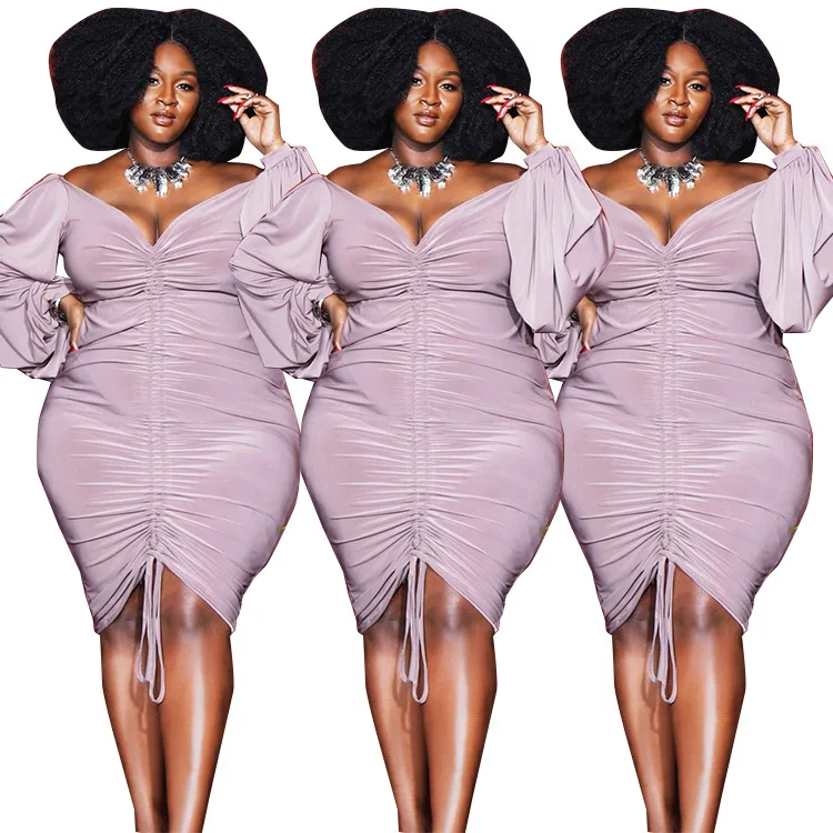 

New Arrivals 2021 Fall Plus Size Women Clothing Elegant Dresses Solid Color Pleated Midi Dress For Fat Girls, Picture