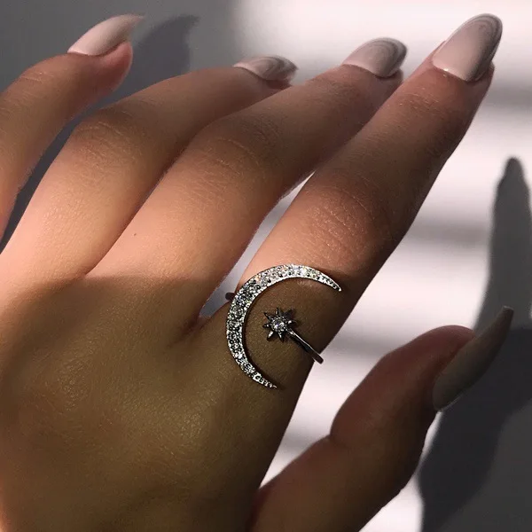 

Hot Minimalist Zircon Moon Star Real 925 Sterling Silver Opening Ring For Charming Women Party Fine Jewelry Gift, As pic shown