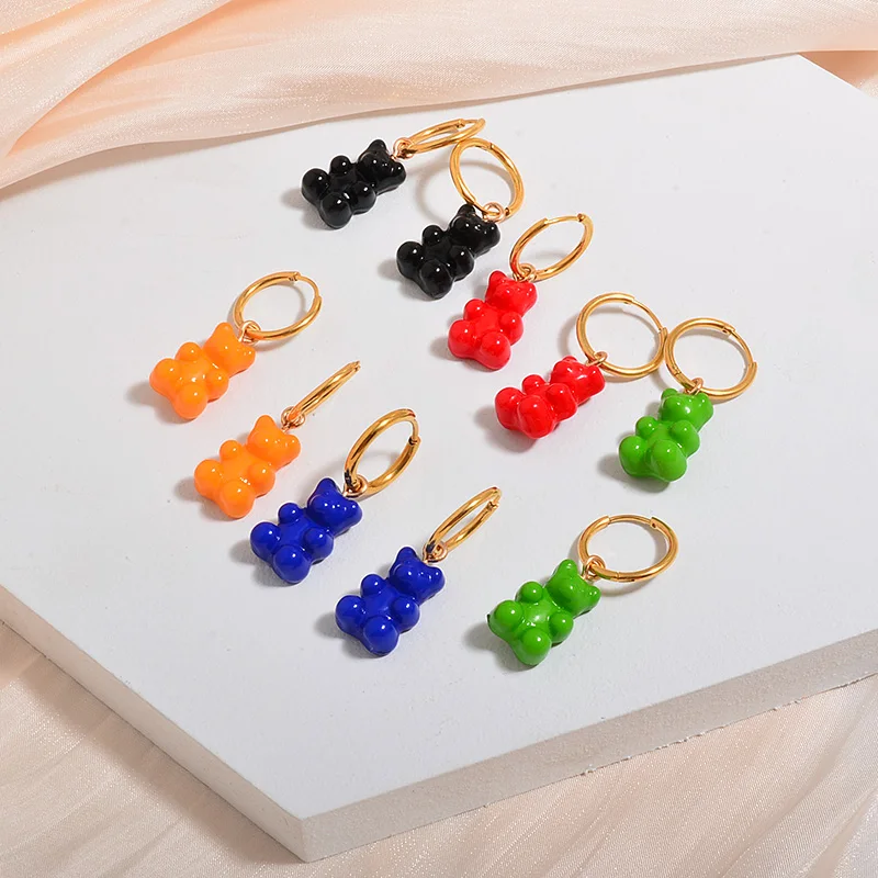 

Stainless Steel Hook Gummy Bear Earring Fashion Cute Teddy Bear Custom Hoop Resin Earrings for Kids and Girls